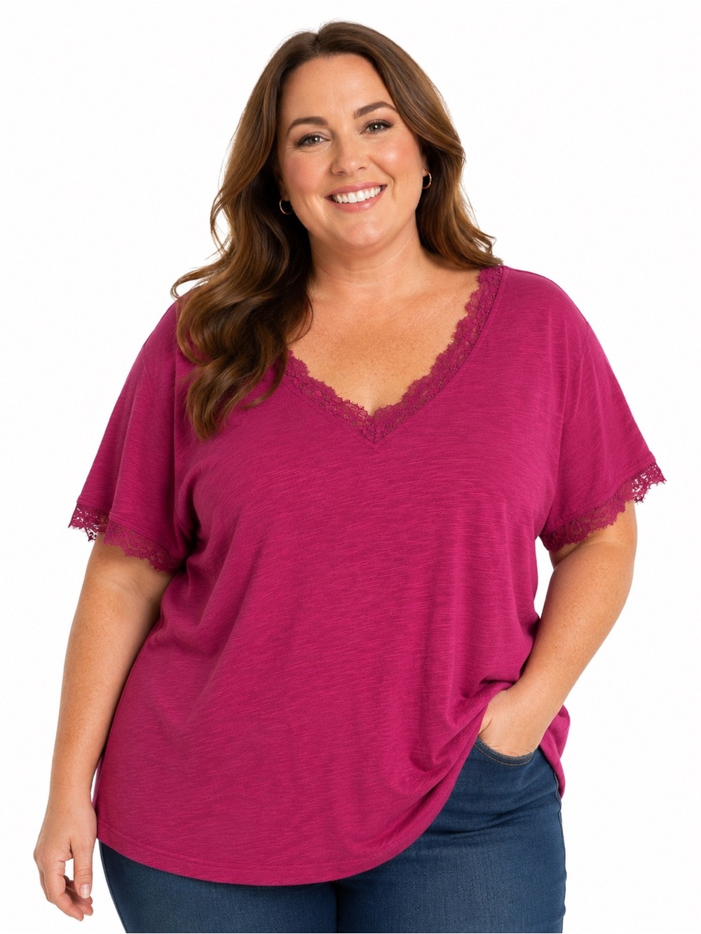 Torrid Classic Fit Lace Trim V-Neck Top – Size 3 (3X) – Berry Pink